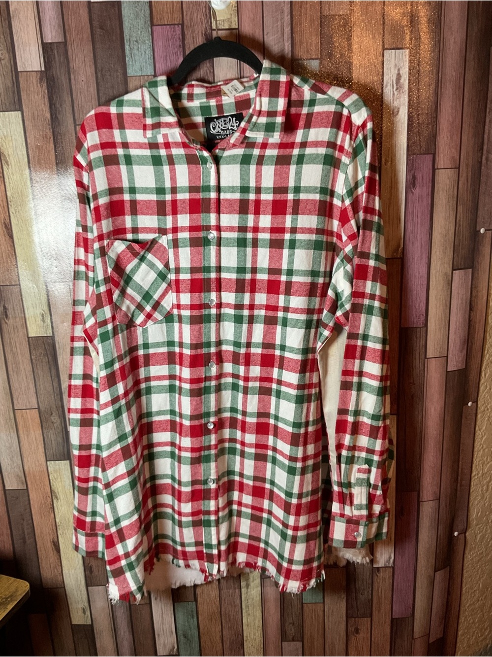 One 24 Rags Red Green White Plaid Flannel Santa On Back Women’s XXXL NWT